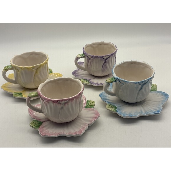 Vtg Bombay Co Spring Blossom Tea Cups & Saucers 1992 Set 8 Pc Set 1838365 Pastel